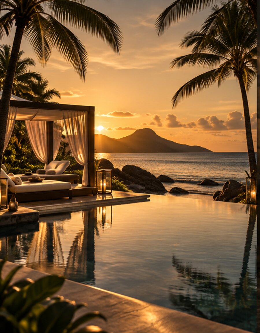 A resort cabana beside an infinity pool at sunset
