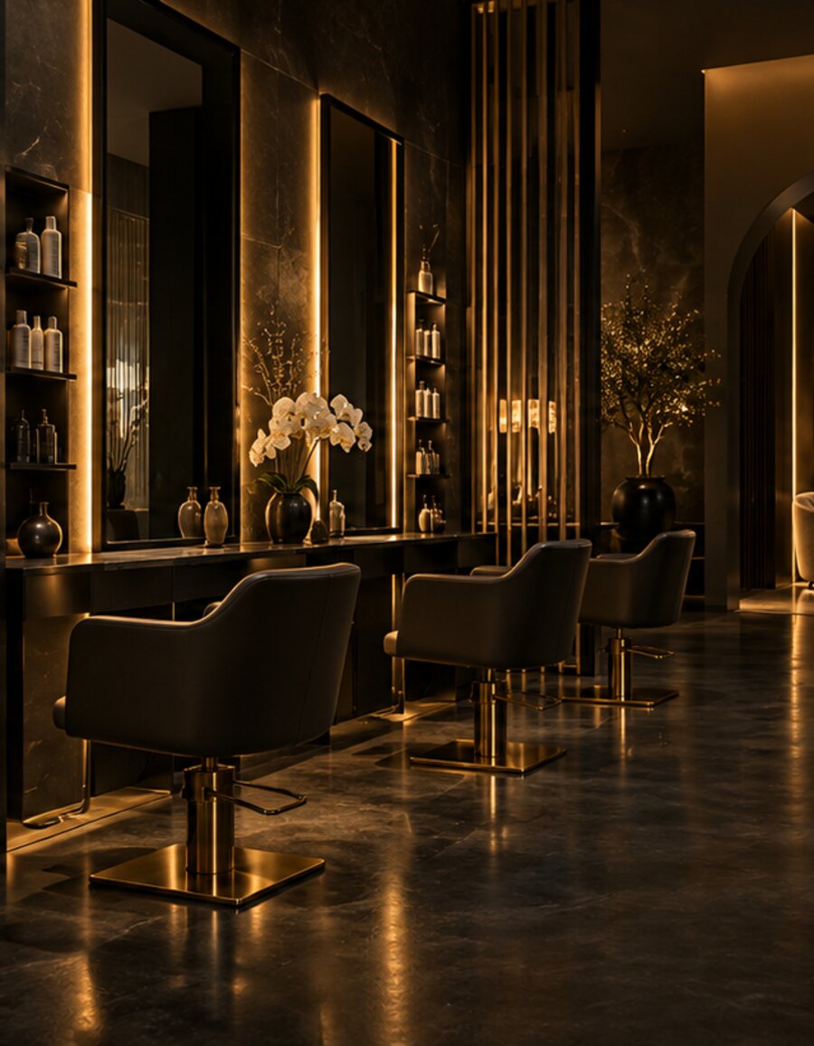 A luxury salon with styling chairs